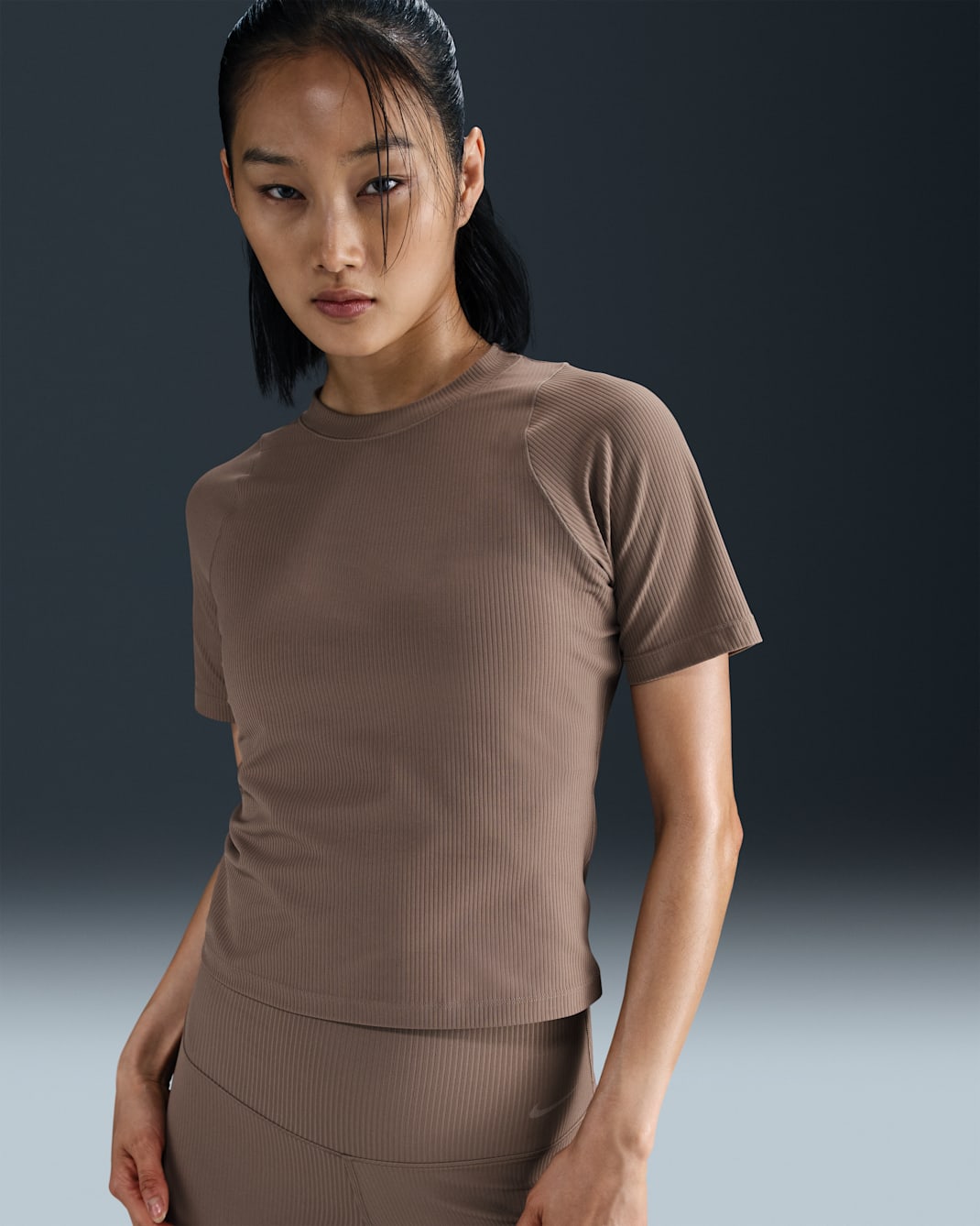 Nike Zenvy Rib Women's Dri-FIT Short-Sleeve Top - Mink Brown/White