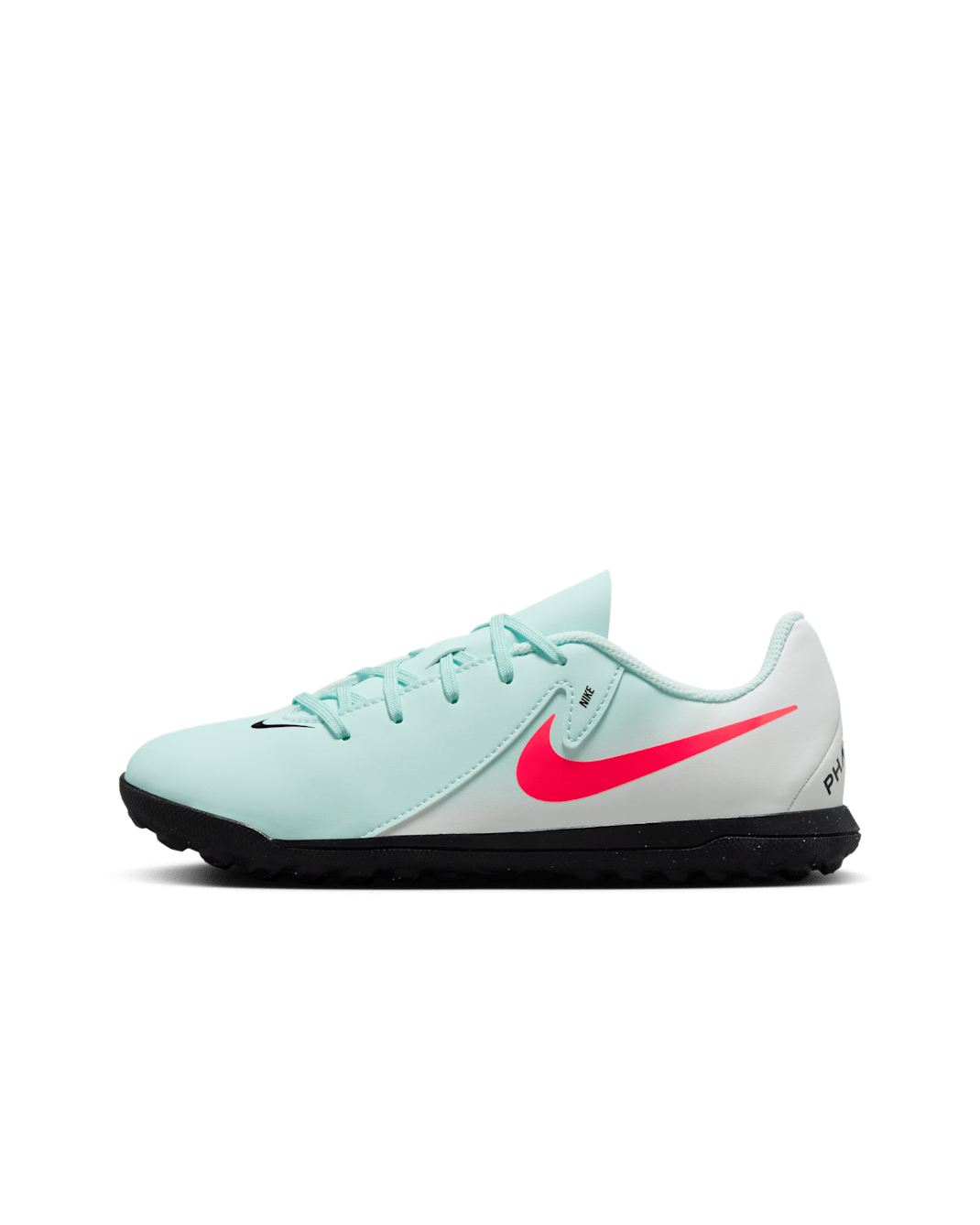 Tacos de fútbol para pasto sintético (turf) de corte low para niños de preescolar y grandes Nike Jr. Phantom GX 2 Club - Menta/Sombrío apagado/Rojo atómico