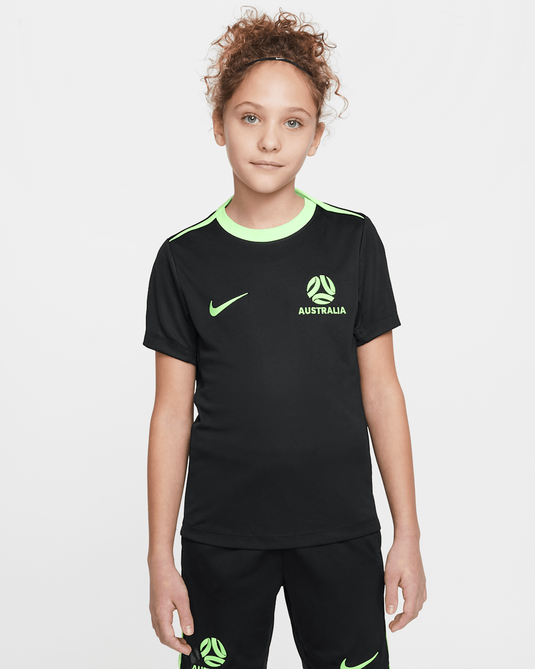 Australia Academy Pro Older Kids' Nike Dri-FIT Football Knit Short-Sleeve Top - Black/Lime Blast/Lime Blast