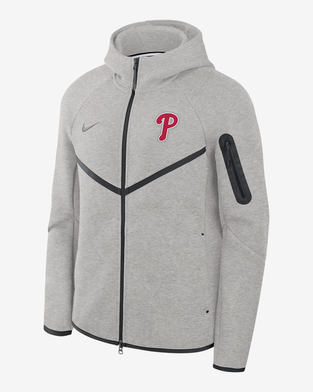 Chamarra con gorro Nike de la MLB de cierre completo para hombre Philadelphia Phillies Tech Fleece Windrunner - Gris oscuro jaspeado