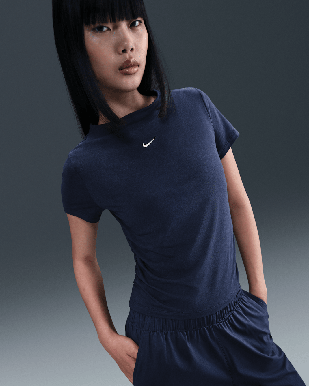 Nike Sportswear Chill Knit Women's Tight Short-Sleeve Mock-Neck Top - Midnight Navy/Sail