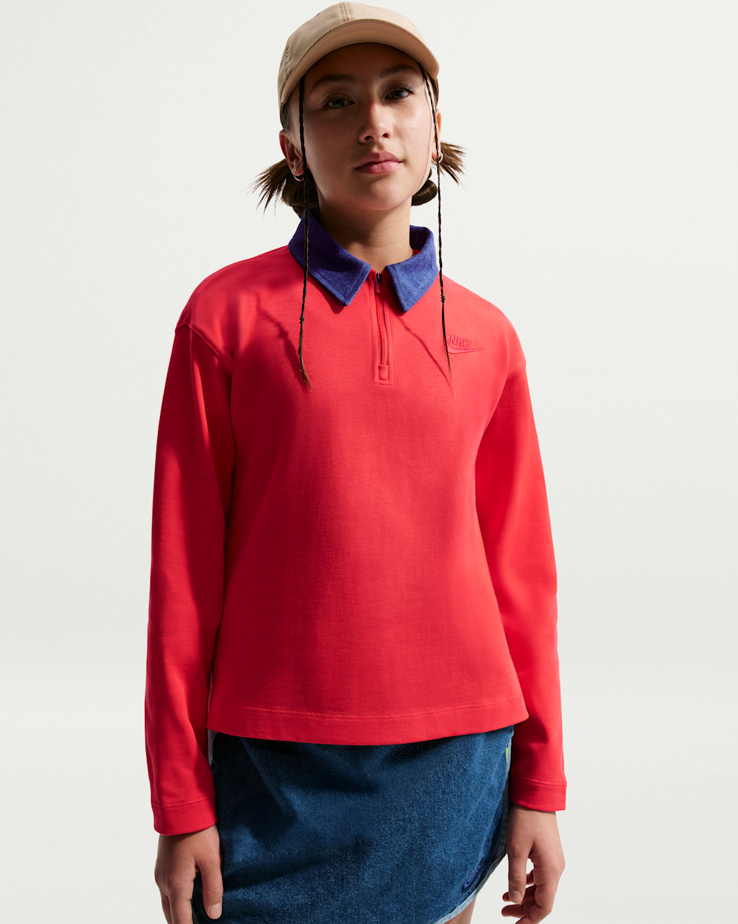 Nike Sportswear Collection Big Kids' (Girls') Long-Sleeve Polo Top - Light Crimson/Mystic Navy/Light Crimson