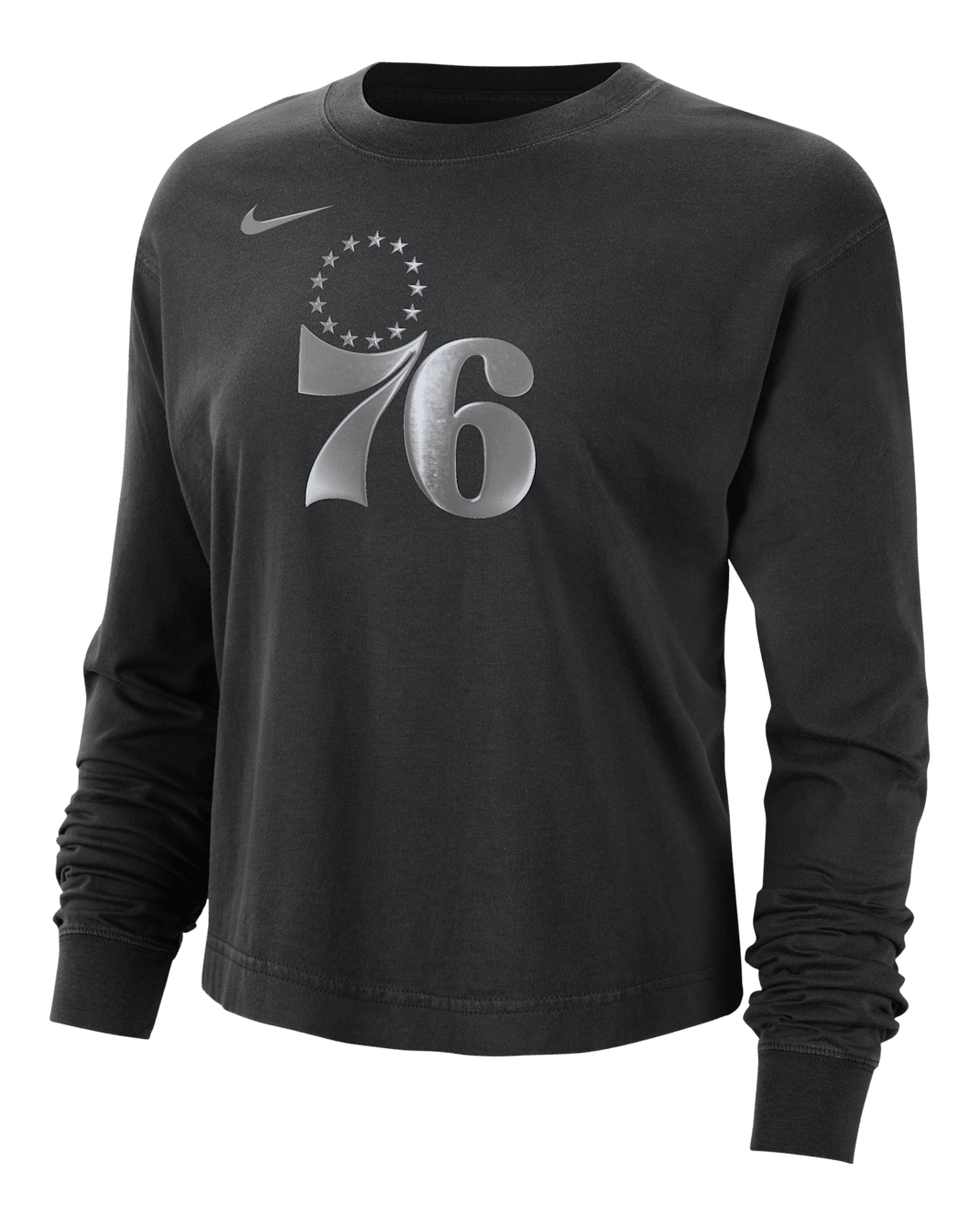 Playera de manga larga Nike de la NBA con brillo de corte cuadrado para mujer Philadelphia 76ers Courtside - Negro