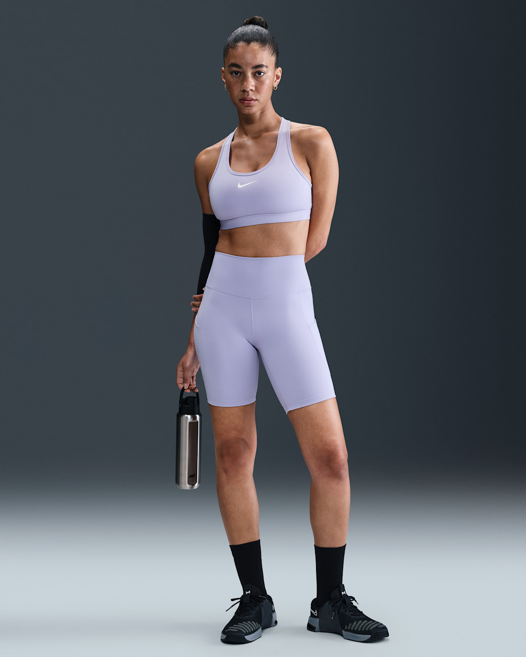 Nike One Women's High-Waisted 8" Biker Shorts with Pockets - Lilac Ice/Black