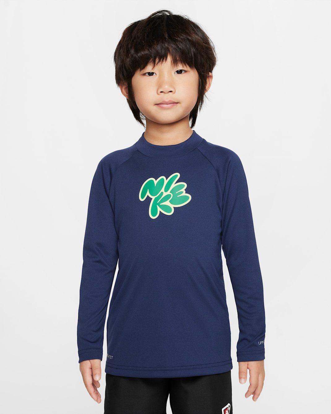 Playera de manga larga para niños talla pequeña Nike Swim Hydroguard - Azul marino medianoche/Verde estadio/Voltio ligero/Blanco