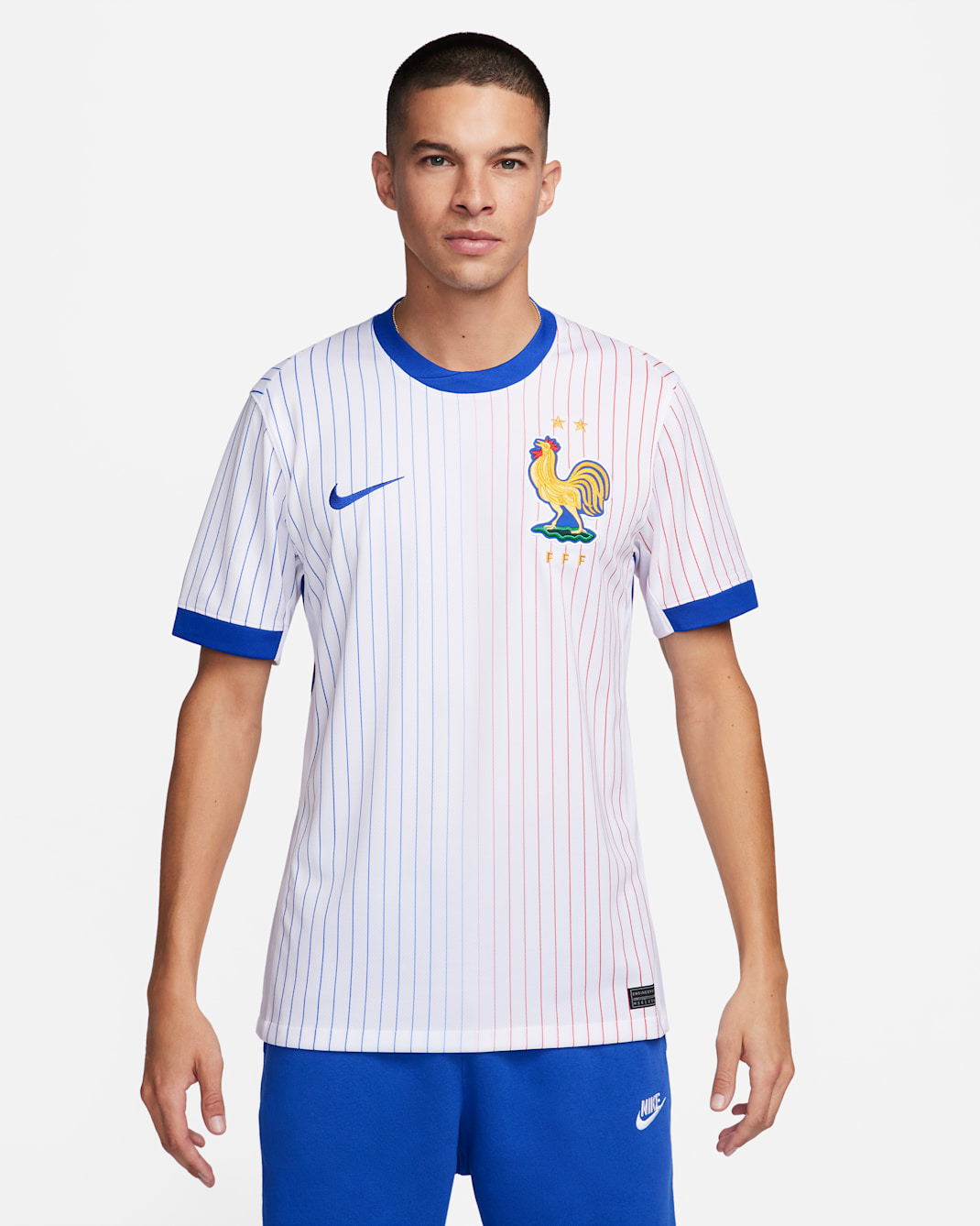 FFF (Men's Team) 2024/25 Stadium Away Men's Nike Dri-FIT Football Replica Shirt - White/Bright Blue/University Red/Bright Blue
