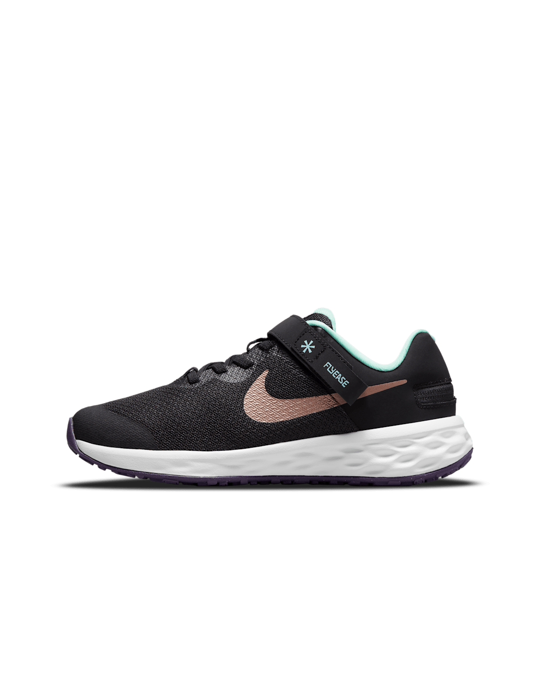 Nike Revolution 6 FlyEase 大童輕鬆穿脫路跑鞋 - 黑色/Mint Foam/Canyon Purple/Metallic Red Bronze