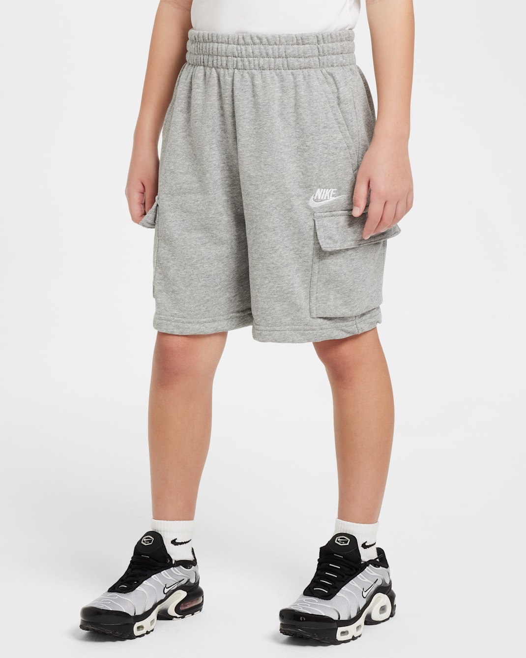 Nike Sportswear Club Big Kids' French Terry Cargo Shorts - Dark Grey Heather/Base Grey/White