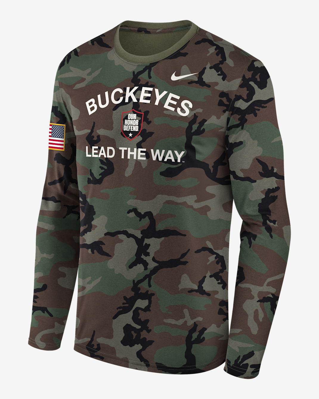 Playera de manga larga universitaria Nike Dri-FIT para hombre Ohio State 2025 Military Appreciation Legend - Oliva