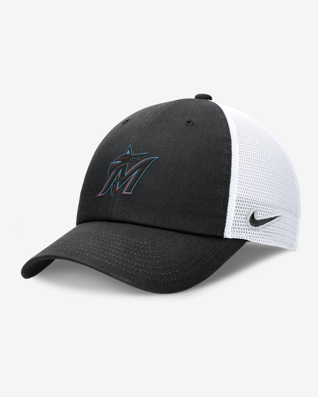 Miami Marlins Evergreen Club Men's Nike MLB Trucker Adjustable Hat - Black