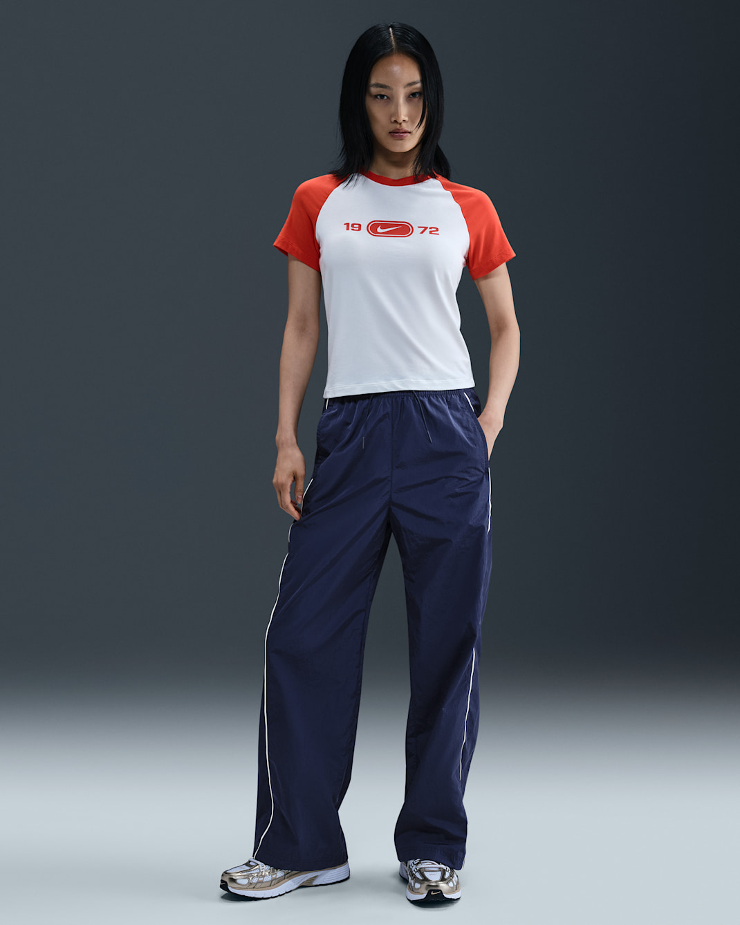 나이키 윈드러너 여성 하이웨이스트 우븐 오픈 헴 팬츠 - 미드나이트 네이비/세일/세일