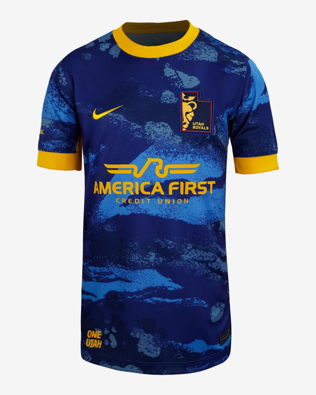 Jersey Nike Dri-FIT de la NWSL Replica Utah Royals FC visitante 2025 Stadium para niños talla grande - Azul royal intenso/Oro universitario