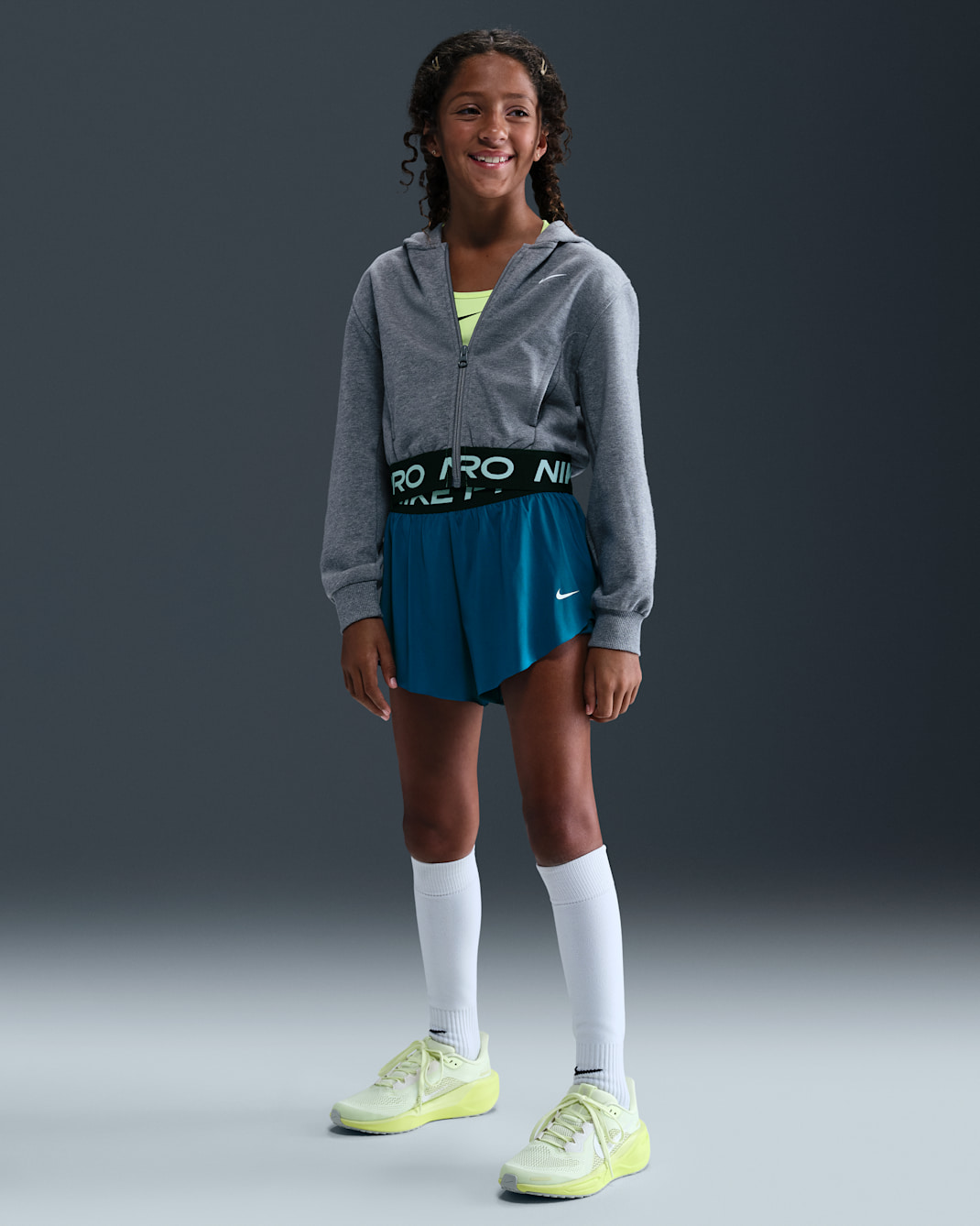 Nike Pro Older Kids' (Girls') Dri-FIT 2-in-1 Shorts - Green Abyss/Black/White