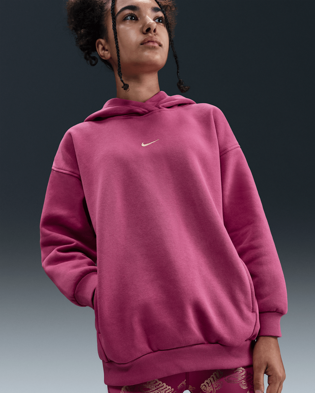 Nike Sportswear Club Fleece Big Kids' (Girls') Oversized Hoodie - Sweet Beet/Mead Gold/Metallic Gold