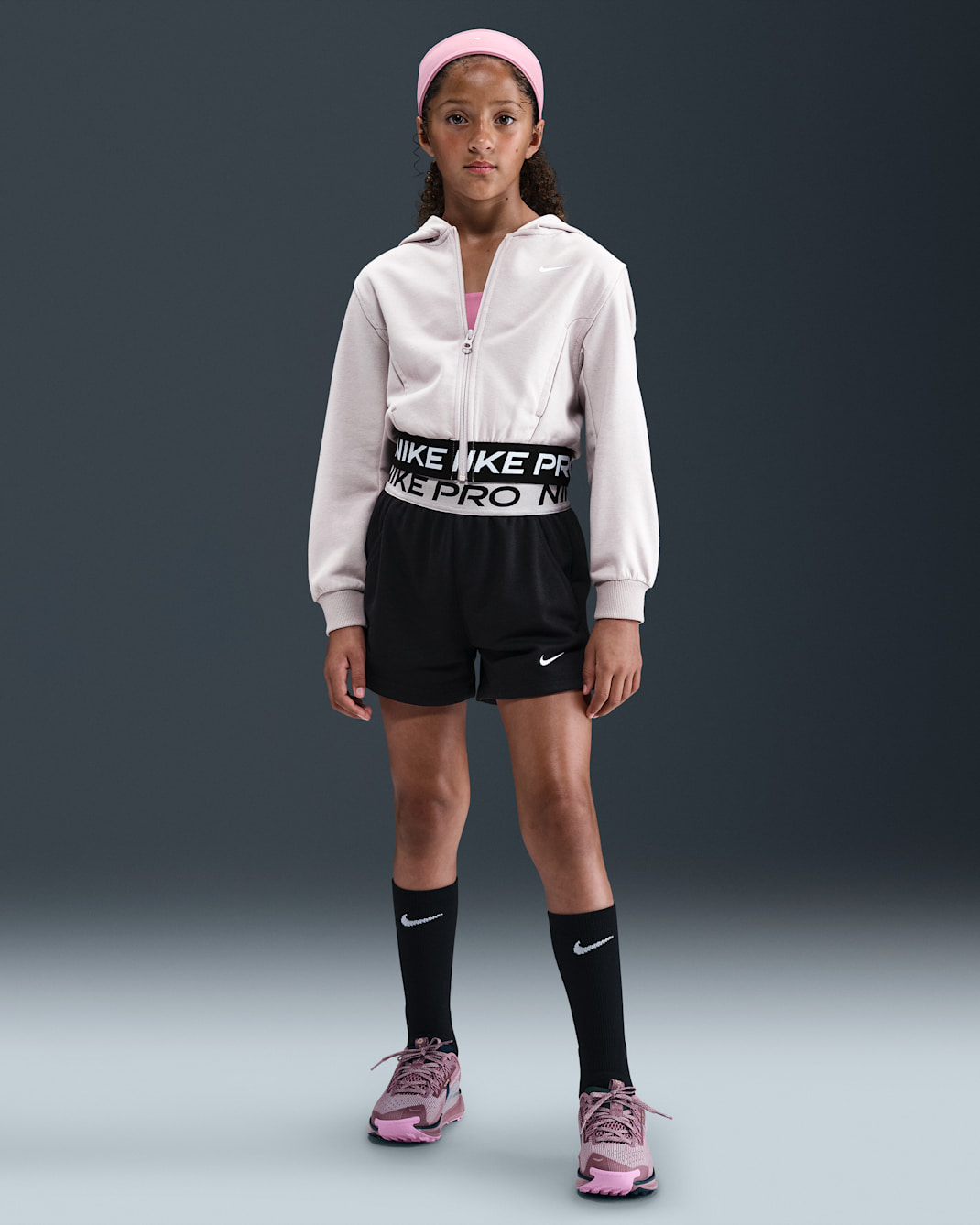 Nike Pro Fleece Big Kids' (Girls') Dri-FIT Shorts - Black/Black/Platinum Violet/White