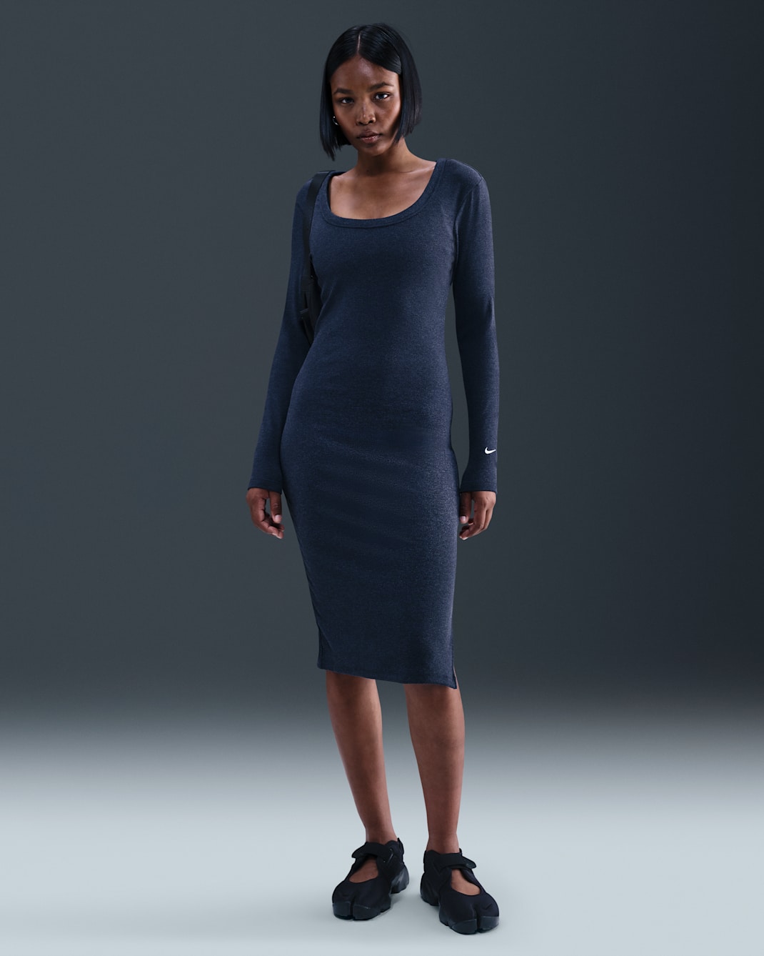 Nike Sportswear Chill Knit Women's Tight Long-Sleeve Midi Mini-Rib Dress - Midnight Navy/Heather/Sail
