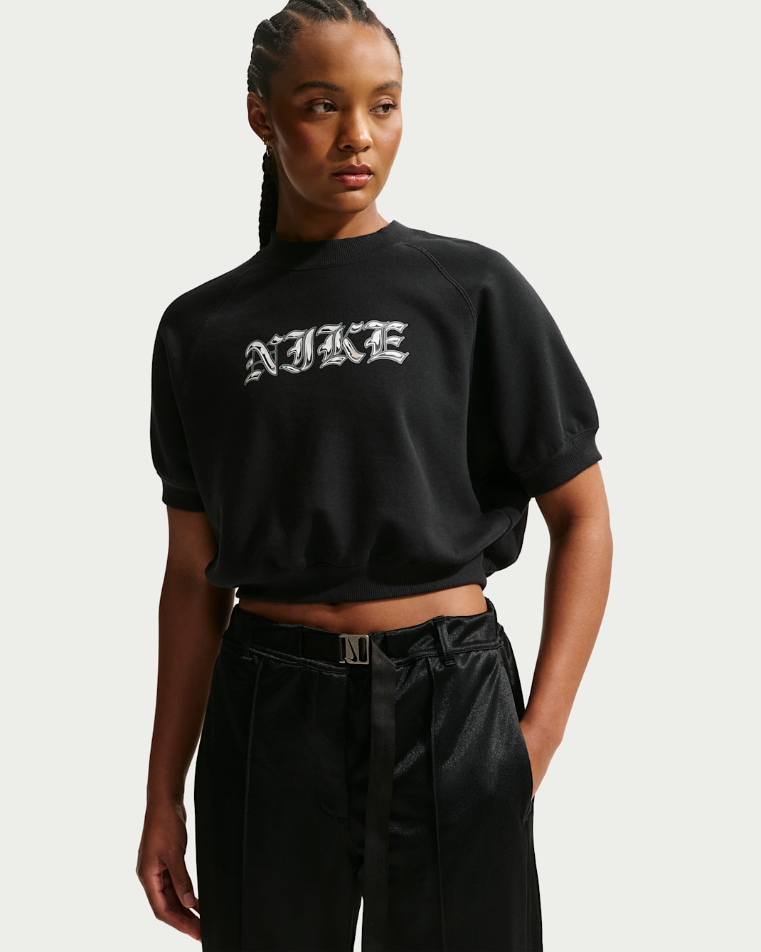 Nike Sportswear Women's Loose Short-Sleeve French Terry Crew-Neck Sweatshirt - Black/Sail