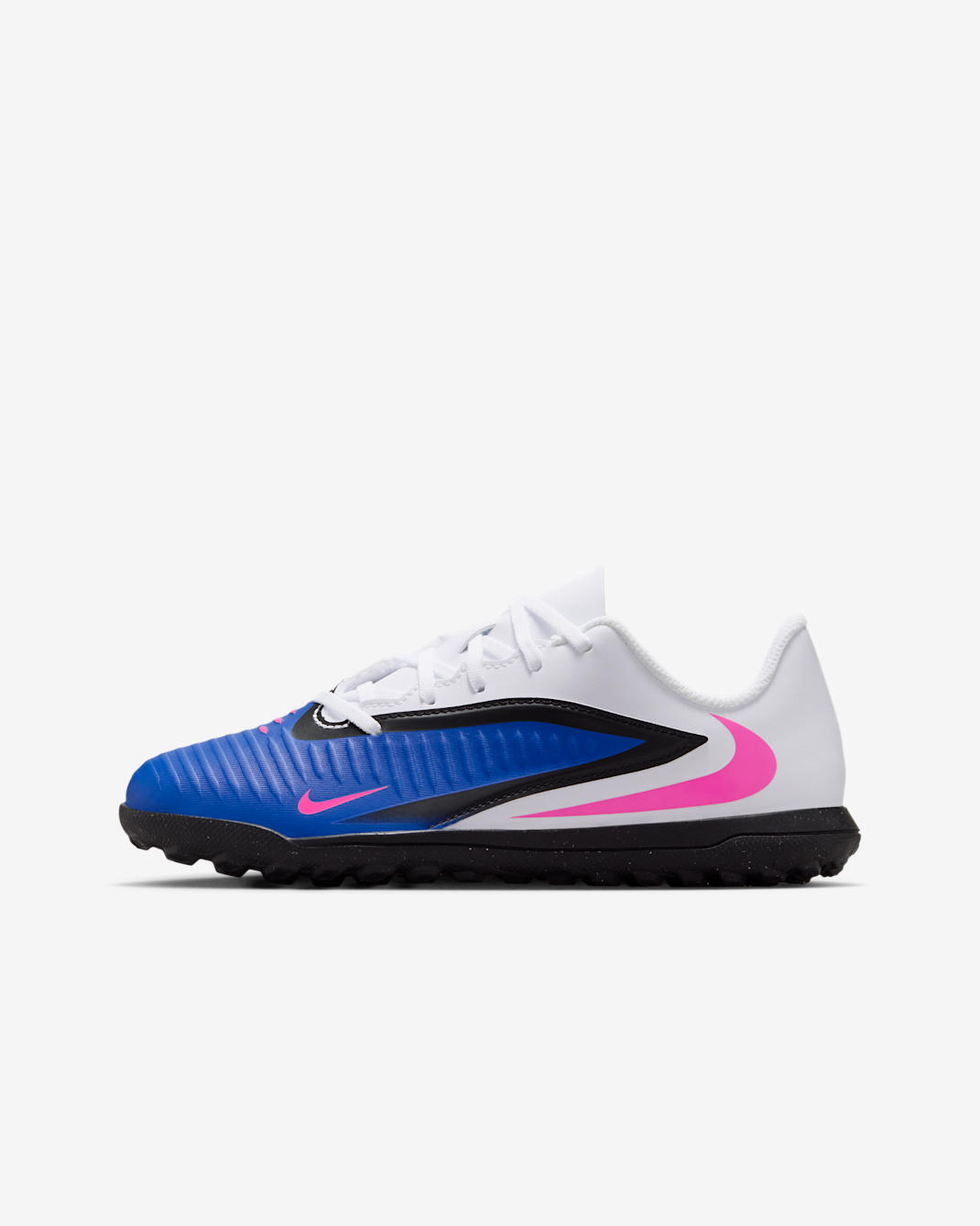 Tacos de fútbol para pasto sintético (turf) para niños grandes Nike Jr. Phantom 6 Low Club - Azul carrera/Blanco/Avalancha rosa