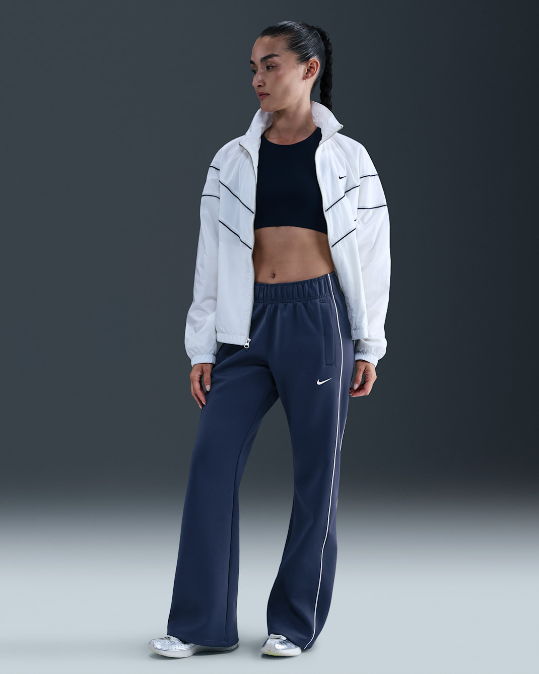 나이키 스포츠웨어 윈드러너 여성 슬림 미드라이즈 니트 팬츠 - 미드나이트 네이비/세일/세일