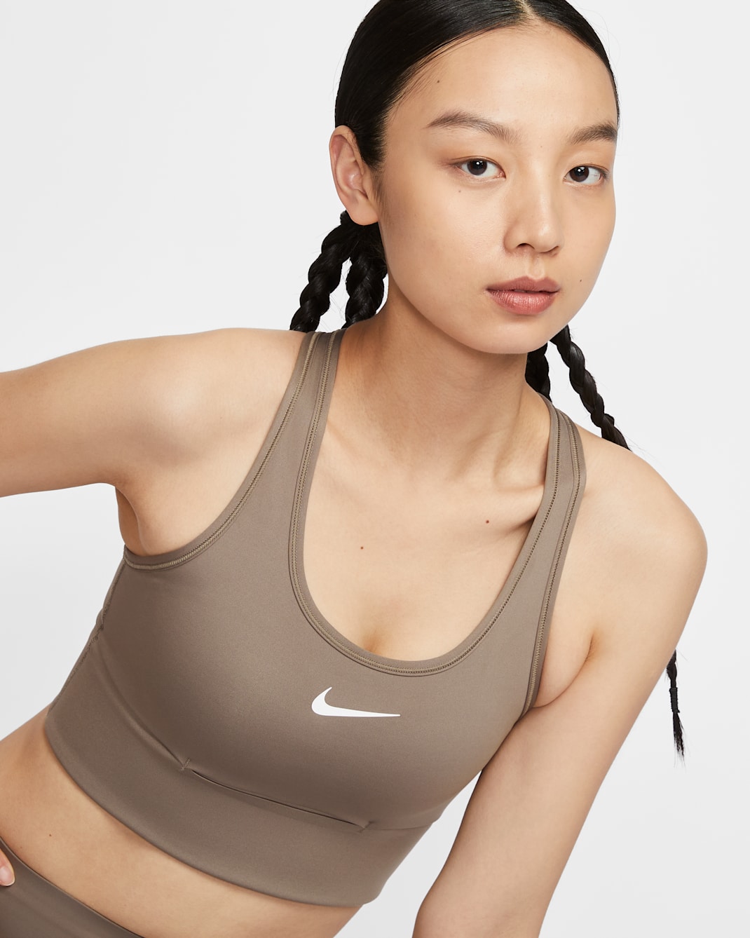 Nike Swoosh Pocket Women's Medium-Support Padded Longline Sports Bra - Mink Brown/Mink Brown/White