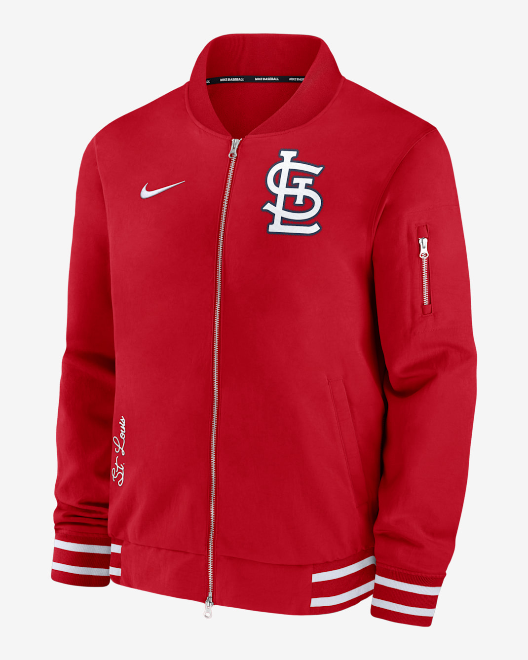 Chamarra bomber Nike de la MLB de cierre completo para hombre St. Louis Cardinals Authentic Collection - Rojo