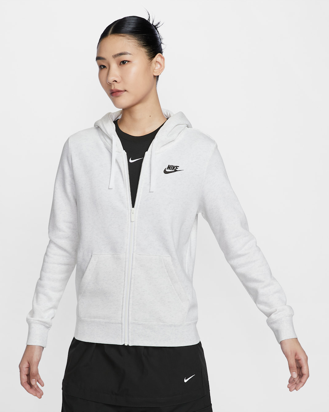 เสื้อมีฮู้ดซิปยาวผู้หญิง Nike Sportswear Club Fleece - Birch Heather/ดำ