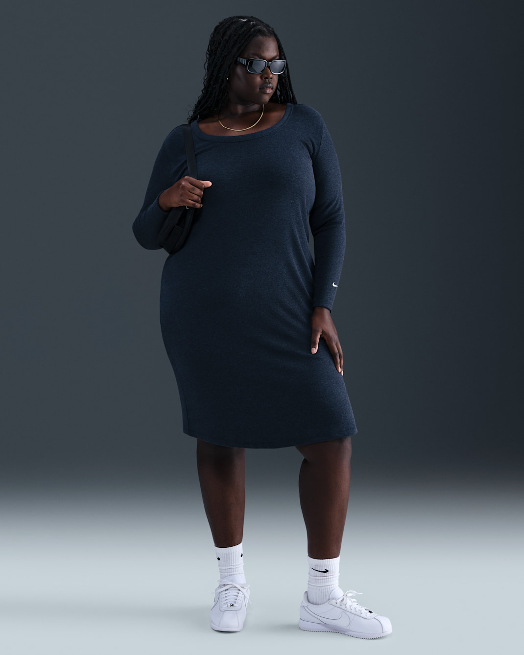 Nike Sportswear Chill Knit Women's Tight Long-Sleeve Midi Mini-Rib Dress (Plus Size) - Midnight Navy/Heather/Sail