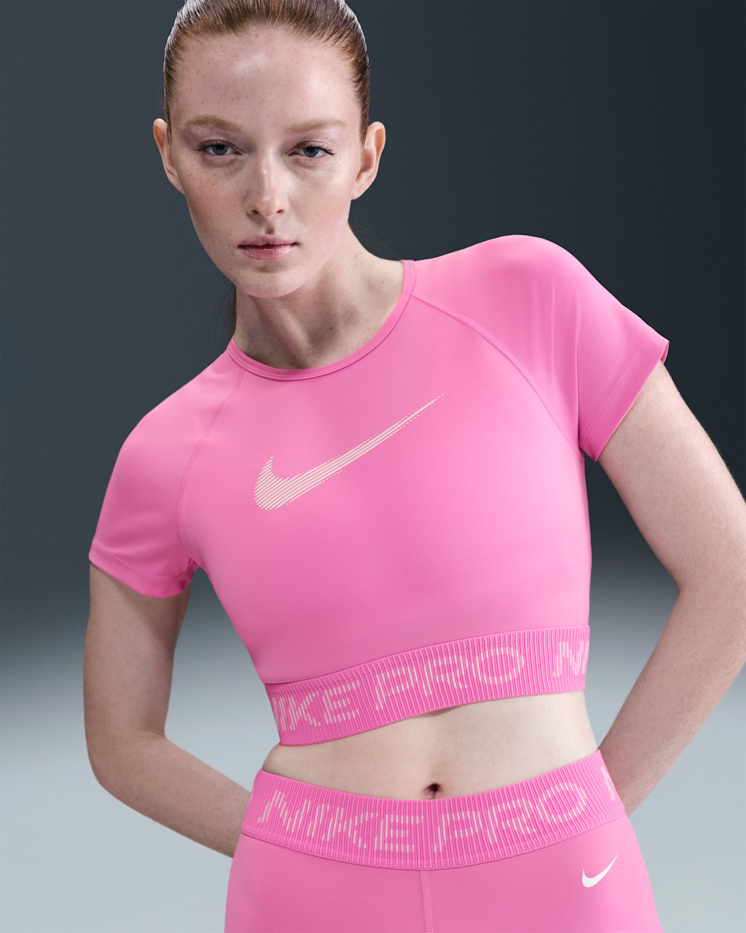 Nike Pro Women's Dri-FIT Short-Sleeve Cropped Graphic Top - Playful Pink/Pink Foam/White