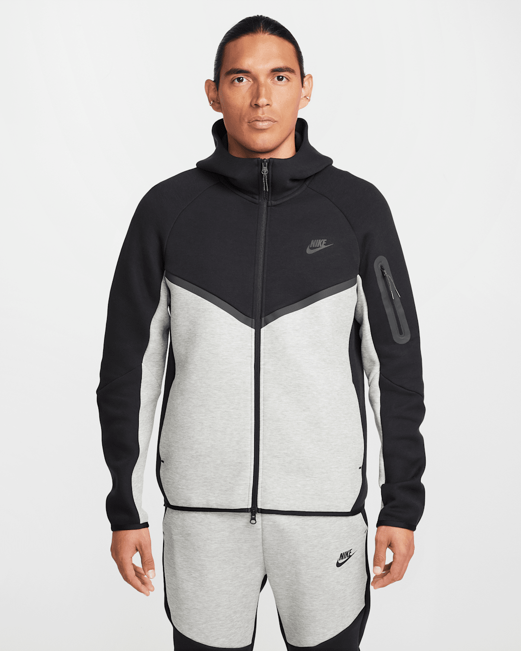 Nike Tech Windrunner-Jacke aus Fleece mit durchgehendem Reißverschluss (Herren) - Schwarz/Dark Grey Heather/Schwarz