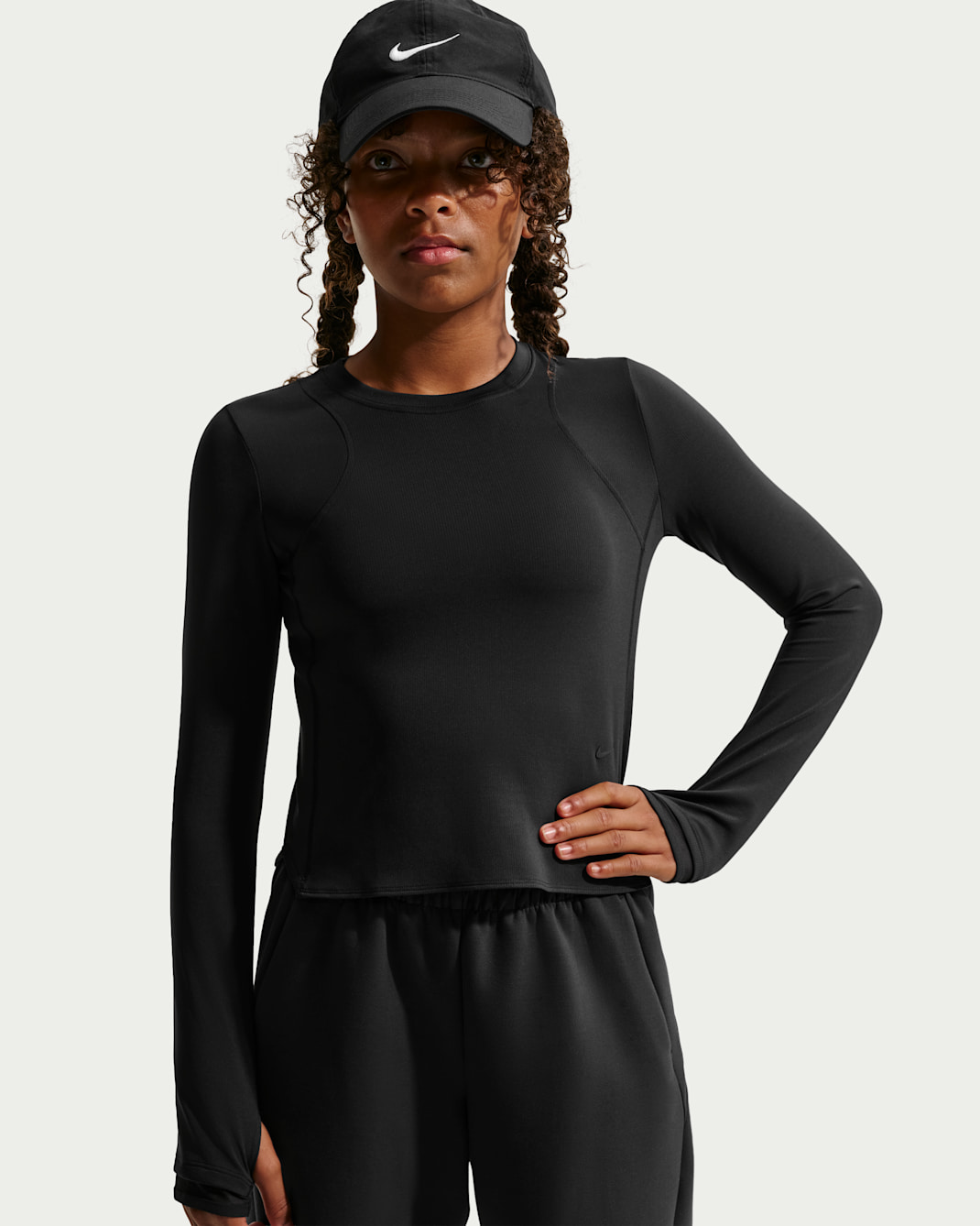 Langærmet Nike MAVN Dri-FIT-top i rib til piger - sort/sort/sort