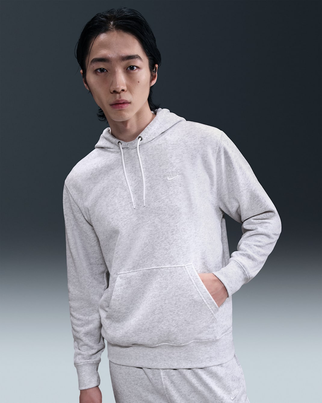 เสื้อมีฮู้ดผ้าเฟรนช์เทรีผู้ชายแบบสวม Nike Club - Birch Heather/ขาว/ขาว