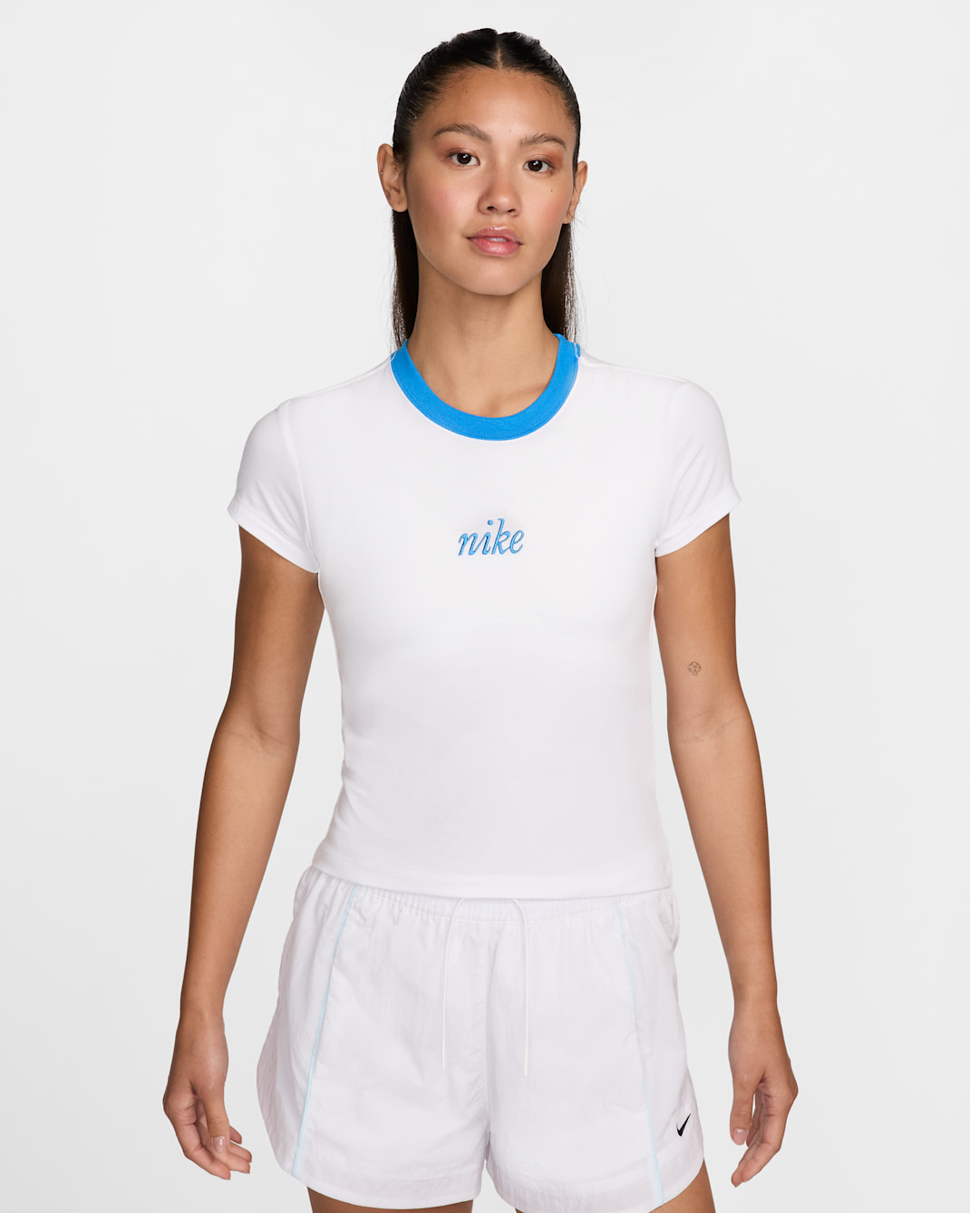 나이키 스포츠웨어 칠 니트 여성 슬림 크롭 티셔츠 - 화이트/라이트 포토 블루