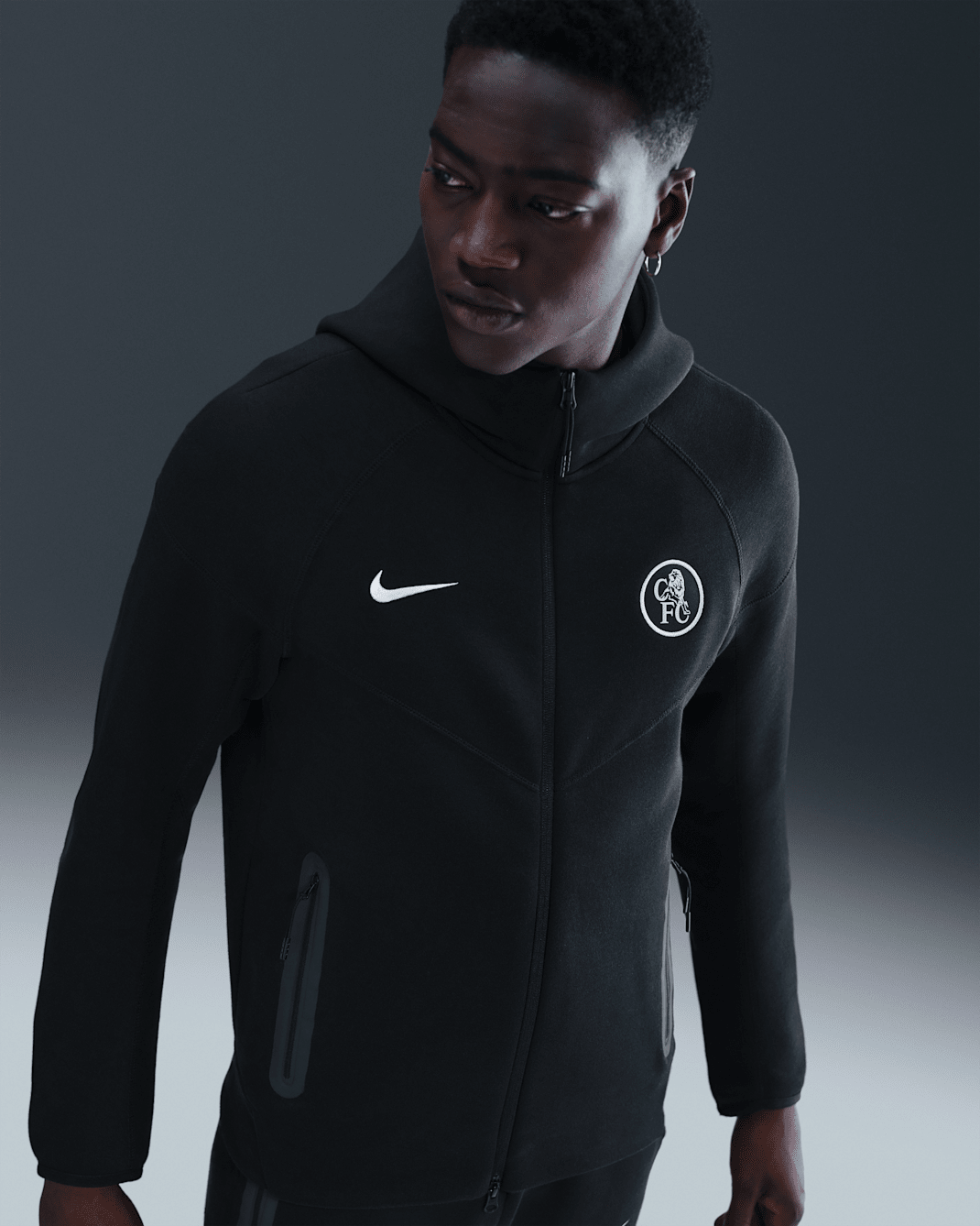 Casaco de futebol de lã cardada com fecho completo Nike Tech Windrunner Total 90 Chelsea FC para homem - Preto/Prateado Field