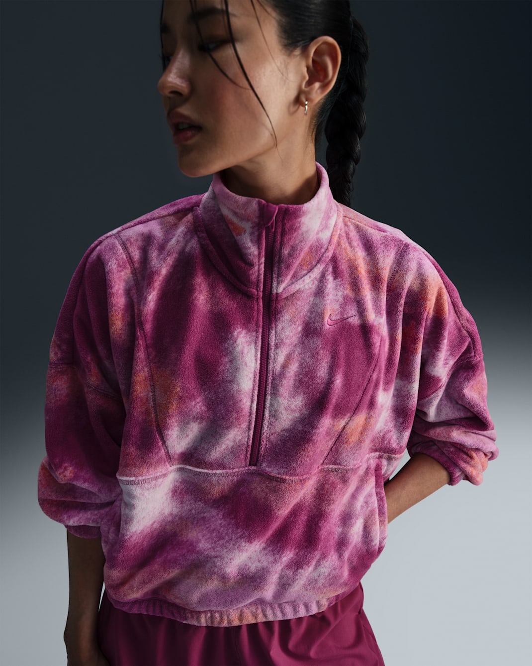 Nike One Women's Therma-FIT Oversized 1/2-Zip Fleece Printed Top - Hot Fuchsia/Hot Fuchsia