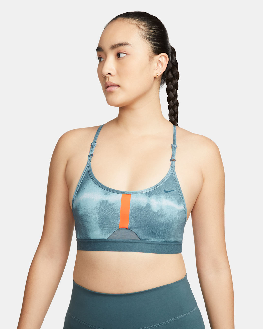 Nike Indy 女款輕度支撐型襯墊滿版印花運動內衣 - Ash Green/Rush Orange/Ash Green/Clear