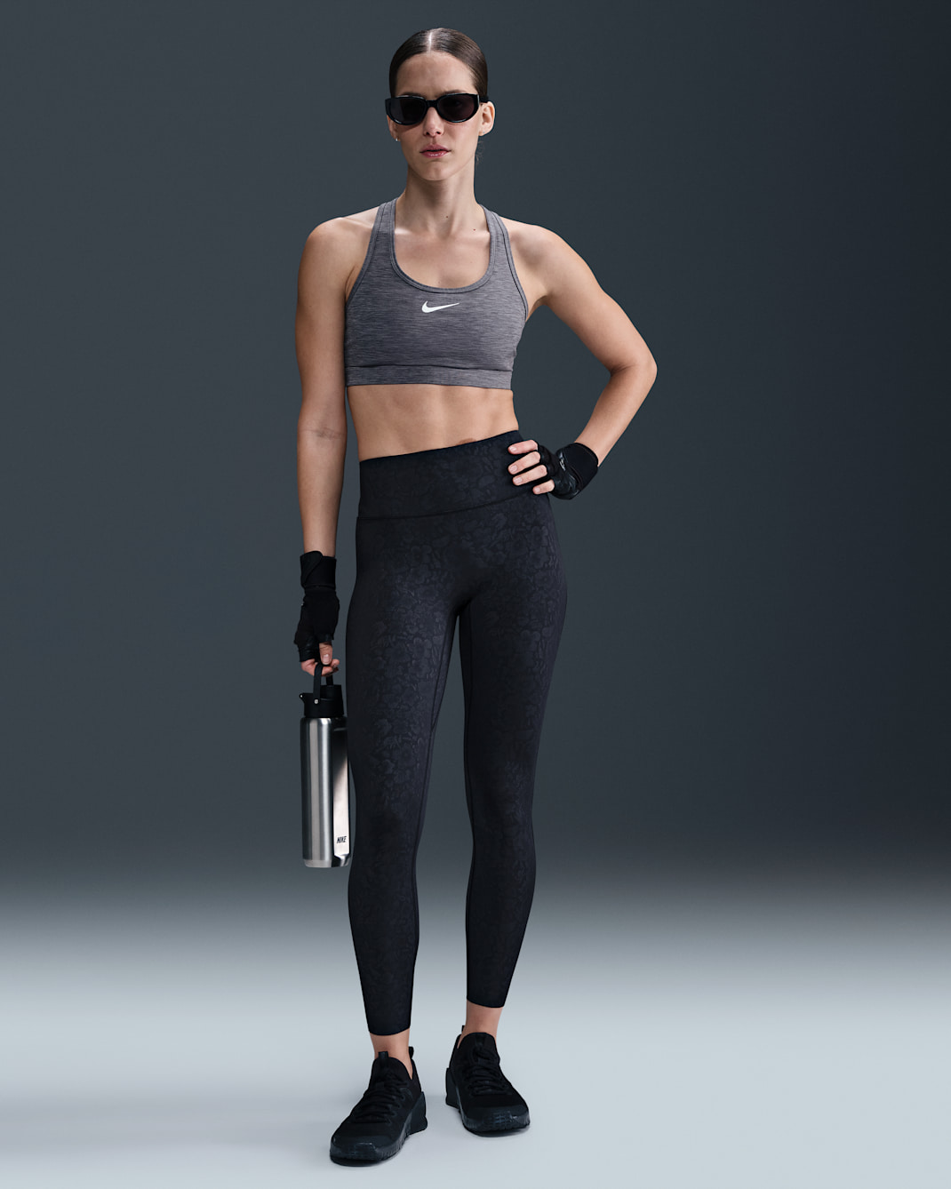 Leggings de cintura alta sin costura delantera de 7/8 florales para mujer Nike Universa - Negro/Gris humo oscuro