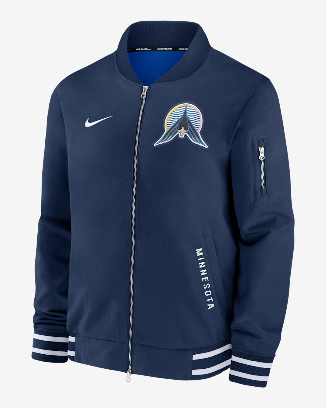 Chamarra bomber Nike de la MLB de cierre completo para hombre Minnesota Twins Authentic Collection City Connect - Azul marino