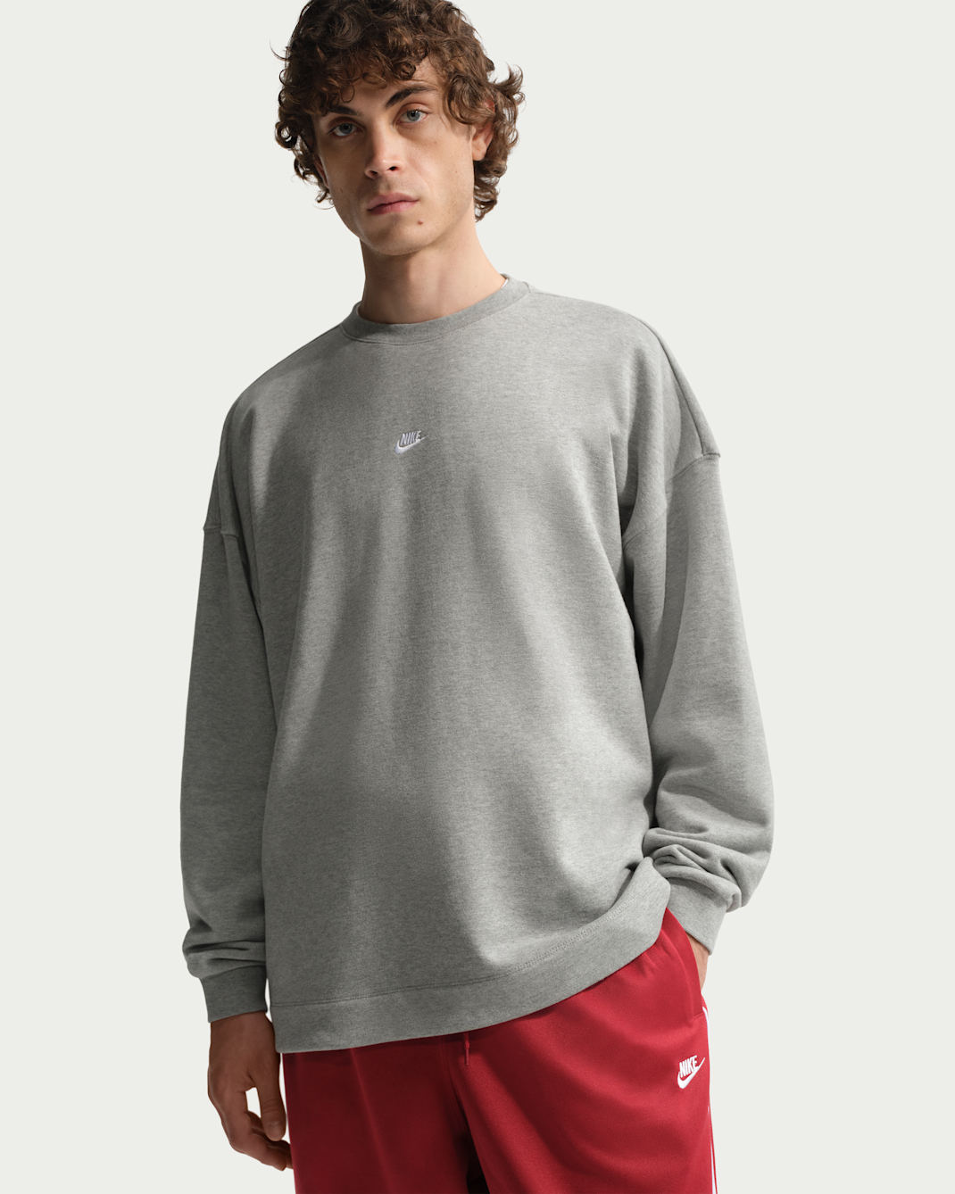 Nike Sportswear Club Men's Oversized French-Terry Crew-Neck Sweatshirt - Dark Grey Heather/White