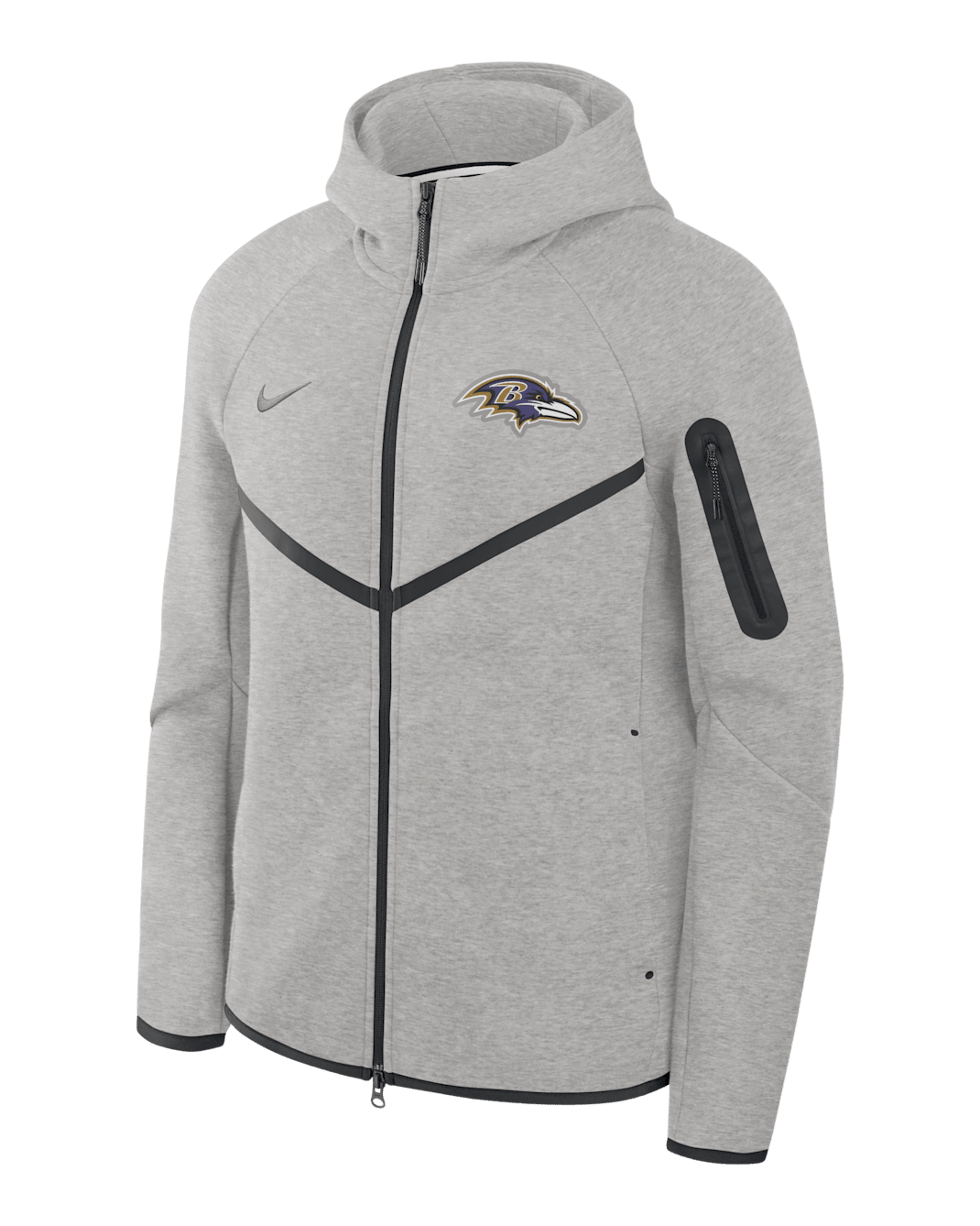 Chamarra con gorro de cierre completo Nike Tech Fleece Windrunner de la NFL para hombre de los Baltimore Ravens - Gris jaspeado/Negro/Gris