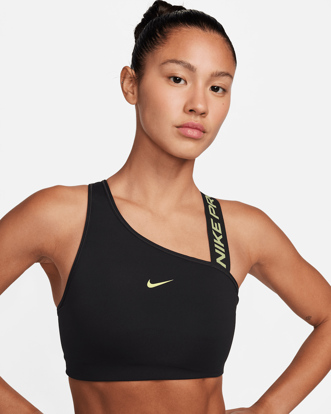 Nike Pro Swoosh Women's Medium-Support 1-Piece Pad Asymmetrical Sports Bra - Black/Light Lemon Twist/Light Lemon Twist