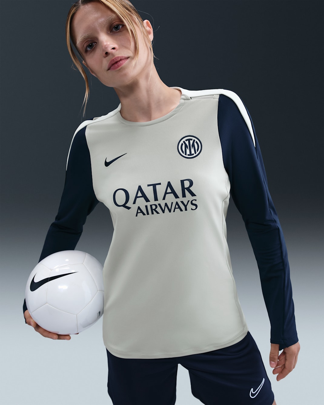 Inter Milan Strike Women's Nike Dri-FIT Football Crew-Neck Knit Top - Grey Haze/Blue Void/Ghost Aqua/Blue Void