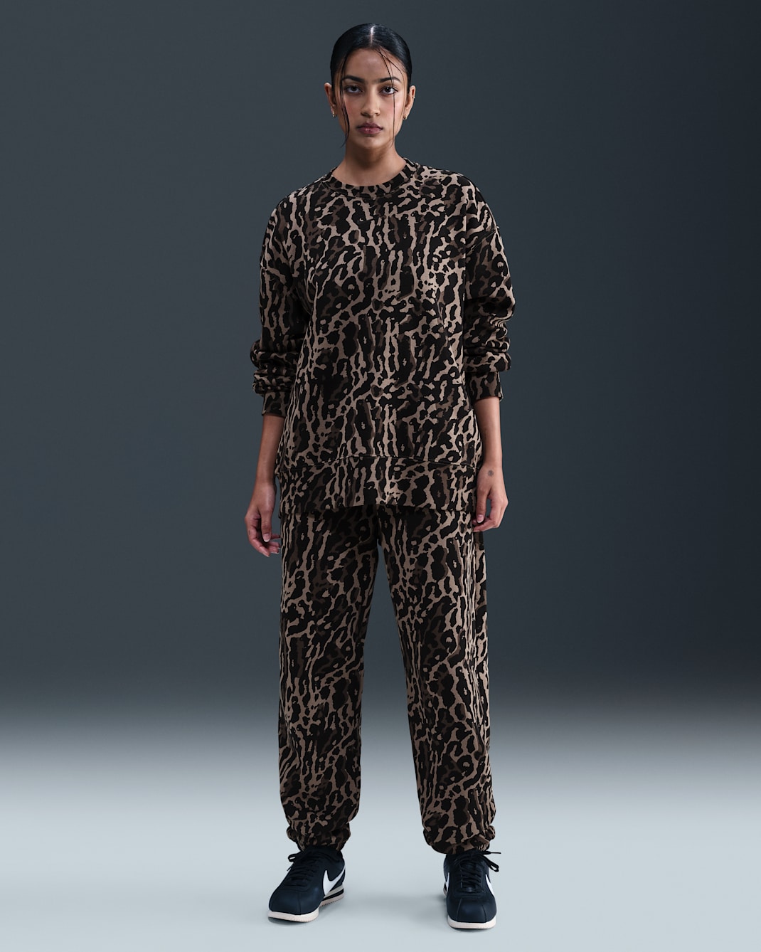 Nike Sportswear Phoenix Fleece Women's High-Waisted Oversized Printed Tracksuit Bottoms - Black/Ironstone/Black/Black