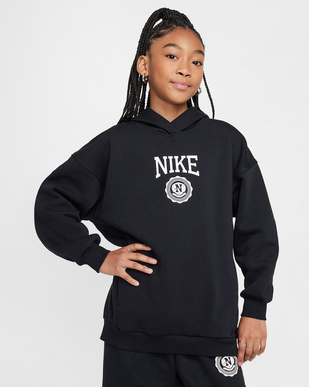 Nike Sportswear Club Fleece Girls' Oversized Pullover Hoodie - Black/White