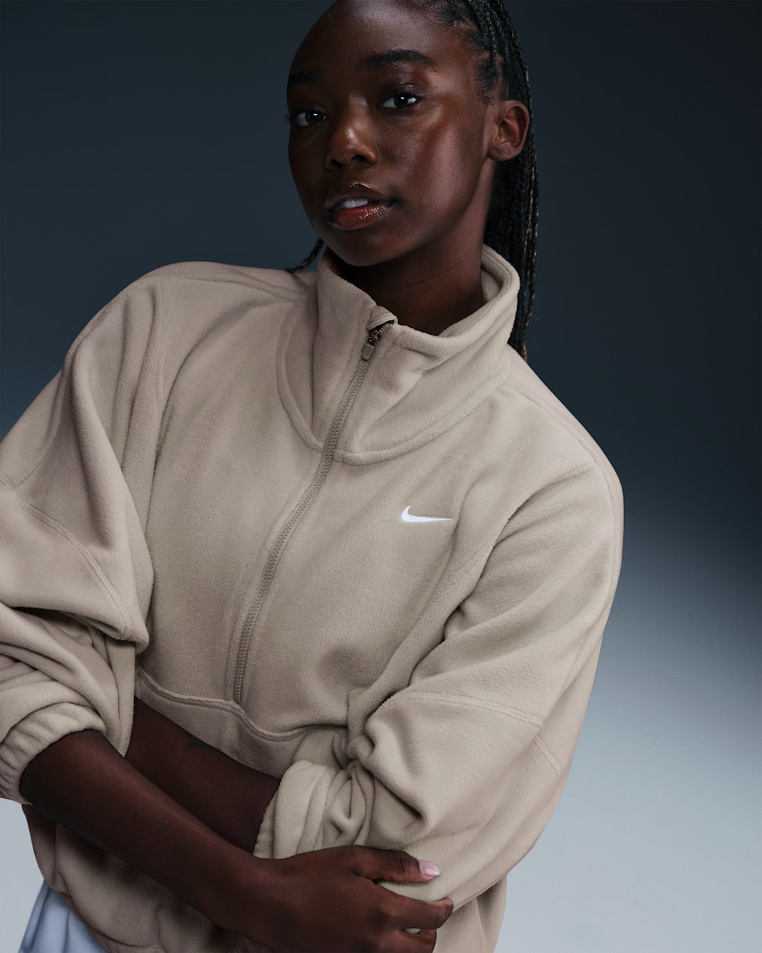 Nike One Women's Therma-FIT Oversized 1/2-Zip Fleece Top - Light Orewood Brown/White