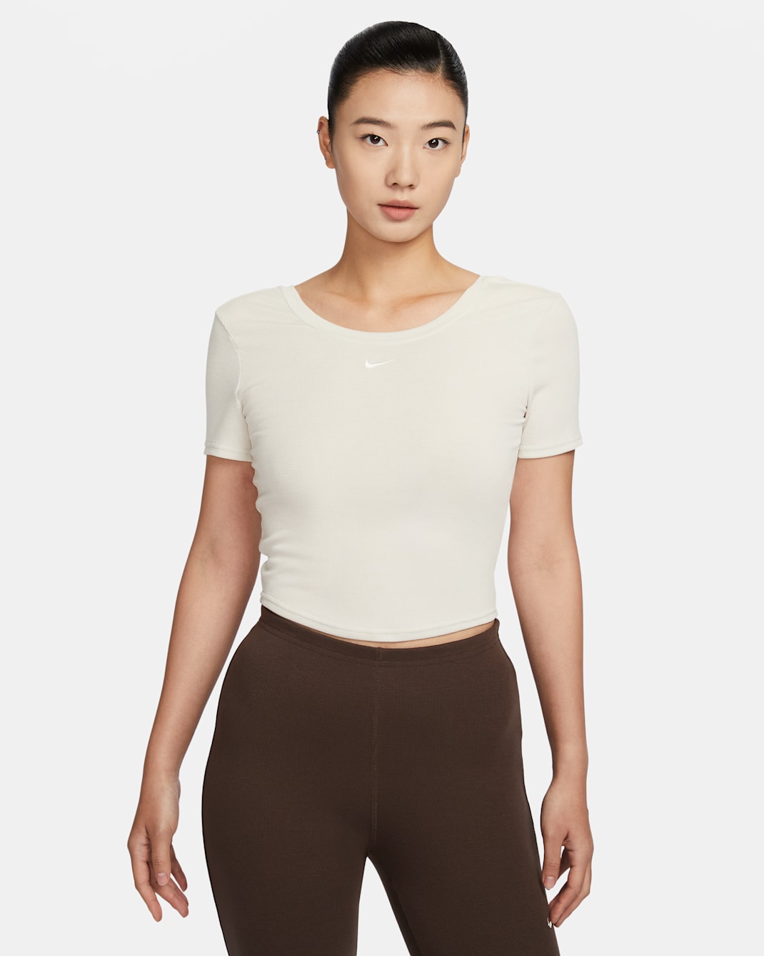 Nike Sportswear Chill Knit Women's Tight Scoop-Back Short-Sleeve Mini-Rib Top - Light Orewood Brown/Sail