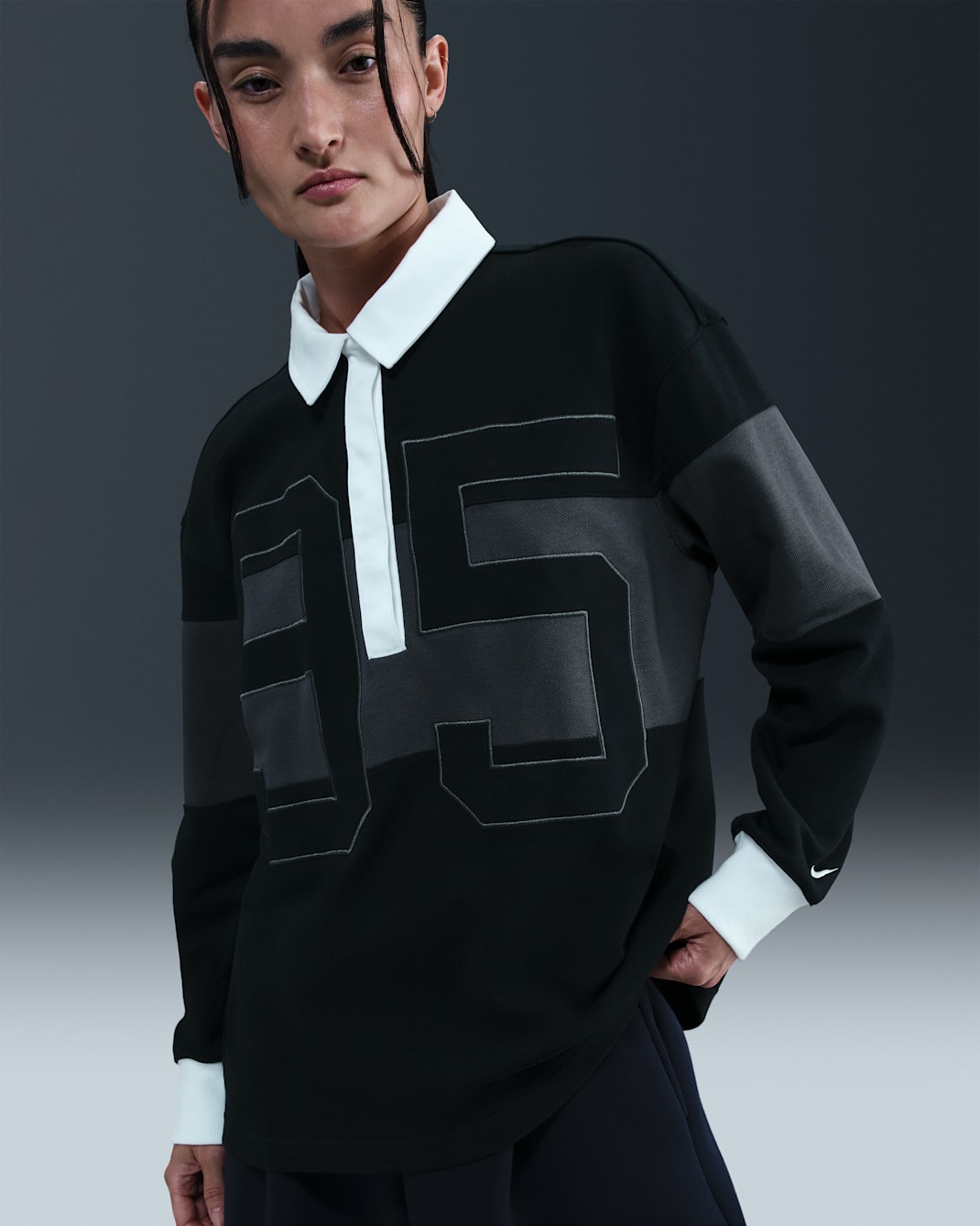 나이키 스포츠웨어 여성 긴팔 그래픽 폴로 탑 - 블랙/앤트러사이트/화이트/세일