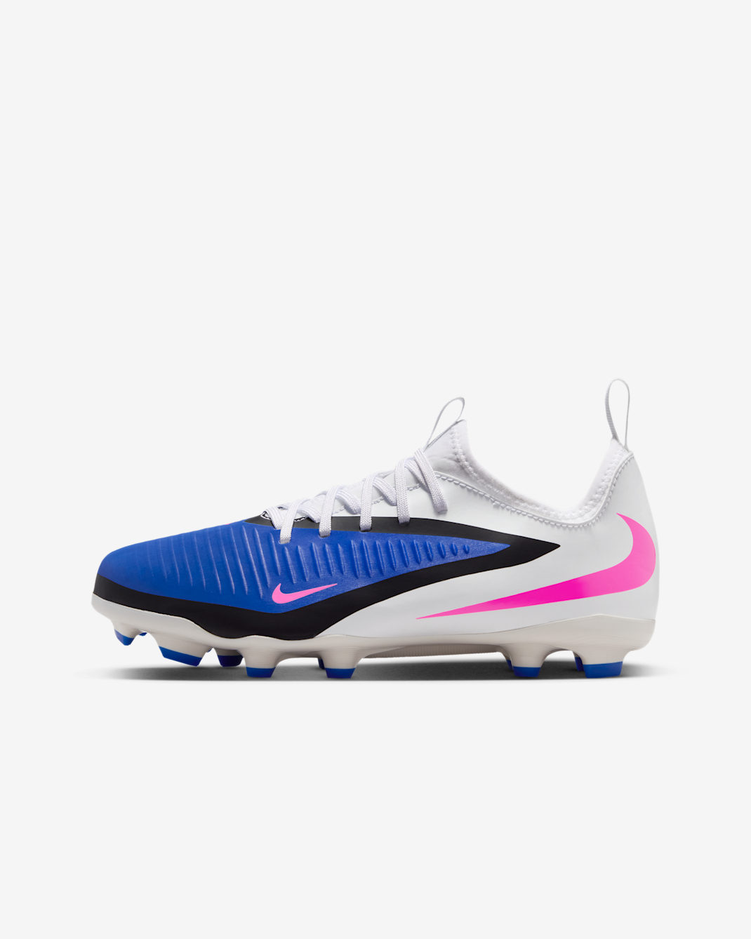 Tacos de fútbol para terrenos múltiples para niños grandes Nike Jr. Phantom 6 Low Academy - Azul carrera/Blanco/Avalancha rosa