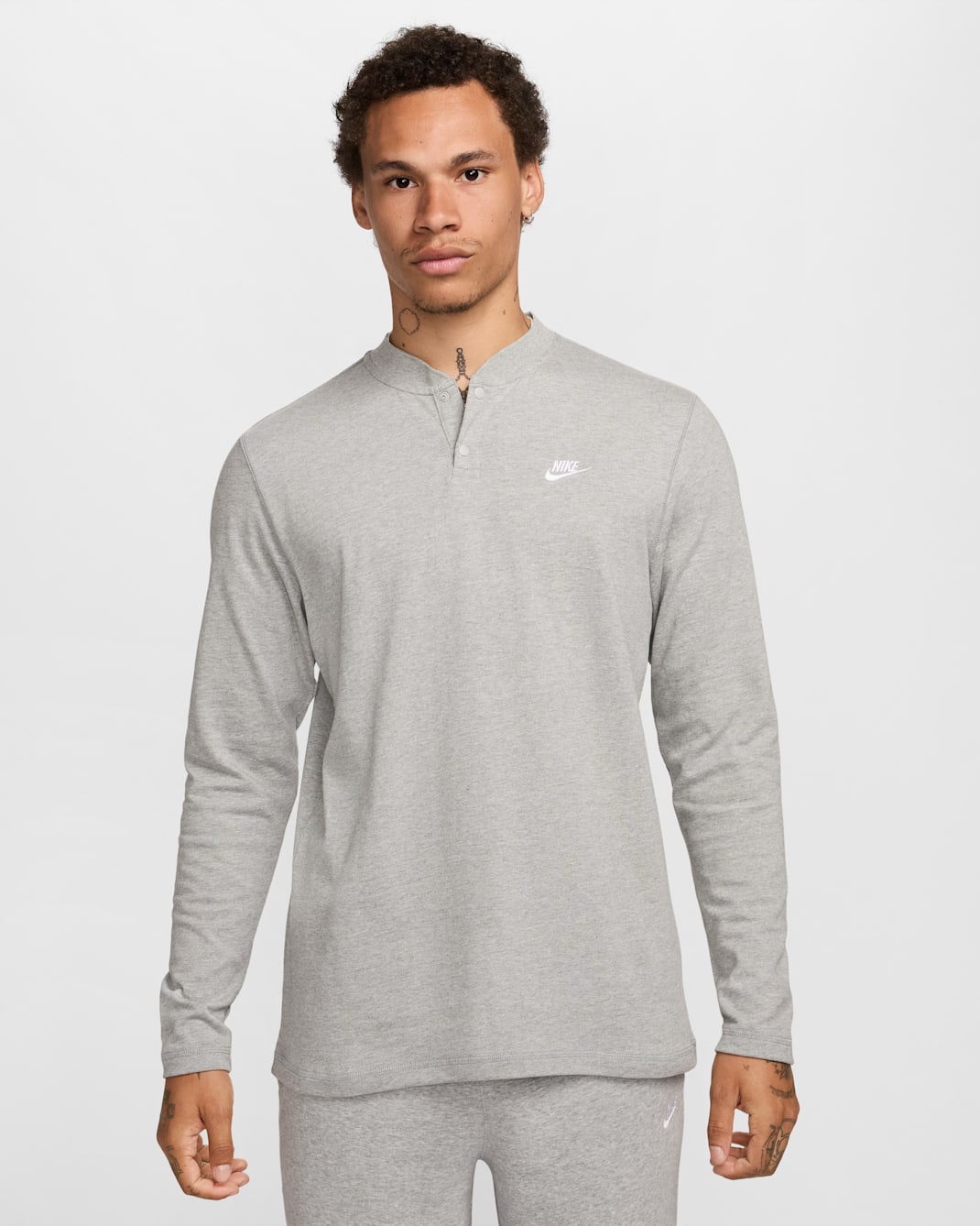 Nike Club Men's Long-Sleeve Henley - Dark Grey Heather/Light Smoke Grey/White
