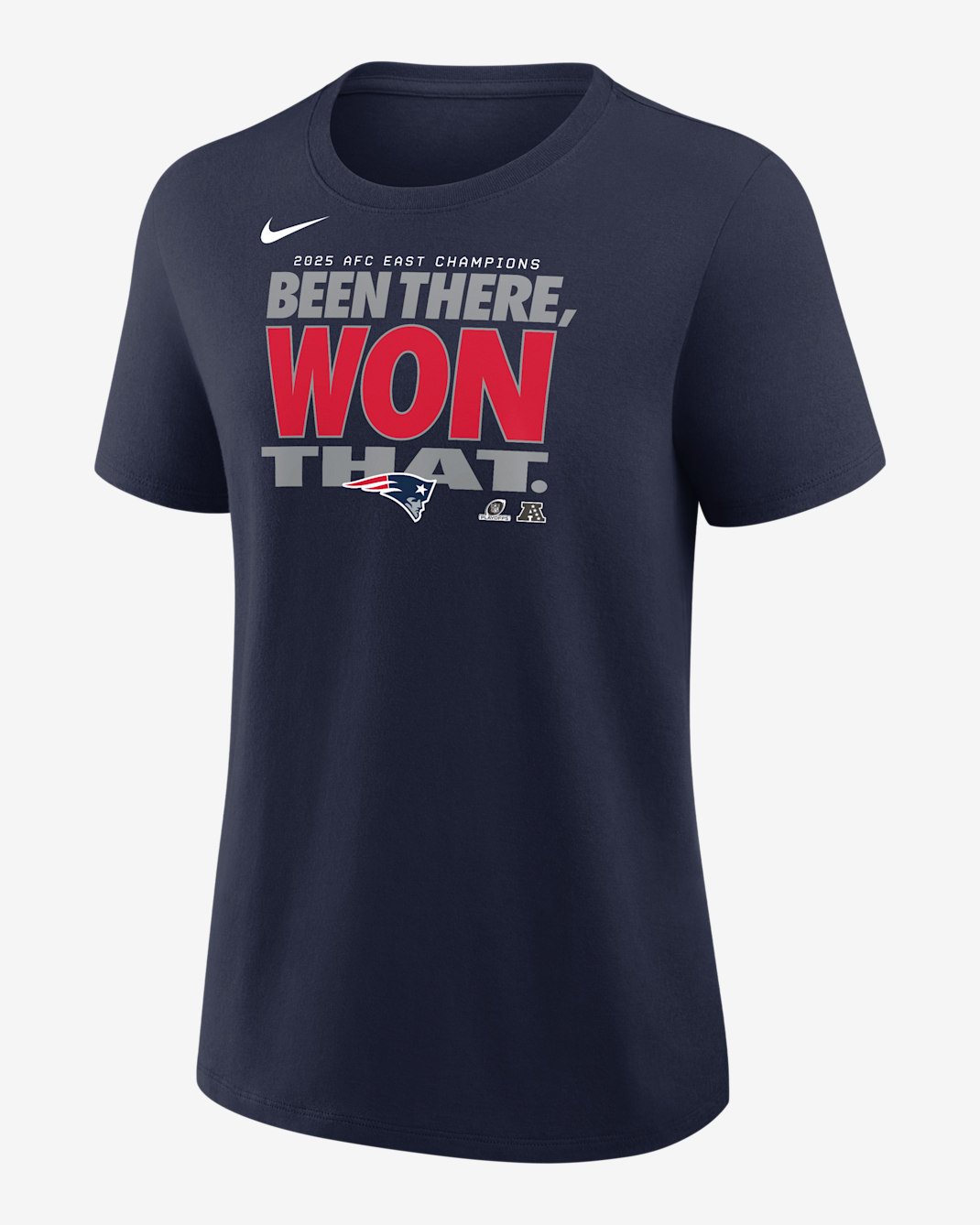 Playera Nike de la NFL para mujer New England Patriots 2025 AFC East Champions Trophy - Azul marino/Rojo/Gris/Blanco