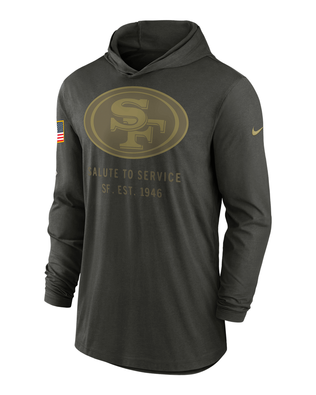 San Francisco 49ers Salute to Service Sideline Men’s Nike Dri-FIT NFL Long-Sleeve Hooded Top - Sequoia